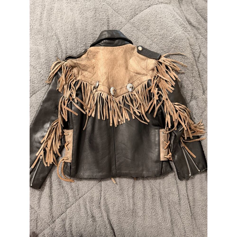 Kids Vintage Shaf Biker Riding Leather Jacket Black Western Fringe Large 7/8